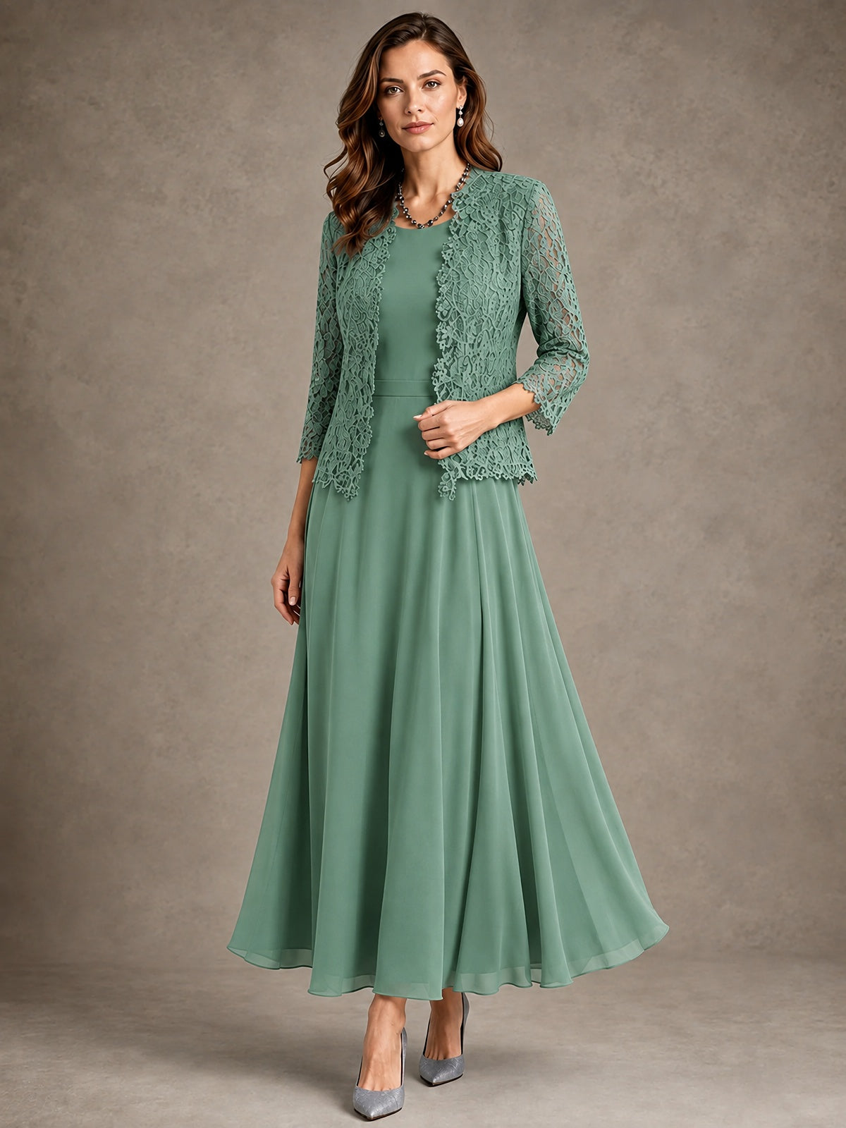 2-Piece Chiffon Mother of the Bride Dress with Lace Jacket