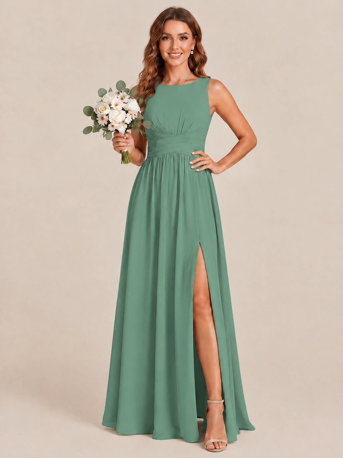 A-line Sleeveless Rucehd Chiffon Bridesmaid Dress with High Slit