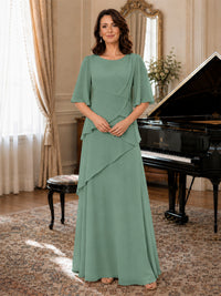 Asymmetric Draped Chiffon Mother of the Bride Dress with Flutter Sleeves