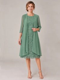 Eucalyptus-2 Piece Lace Appliques Chiffon Mother of The Bride Dress with Sequin