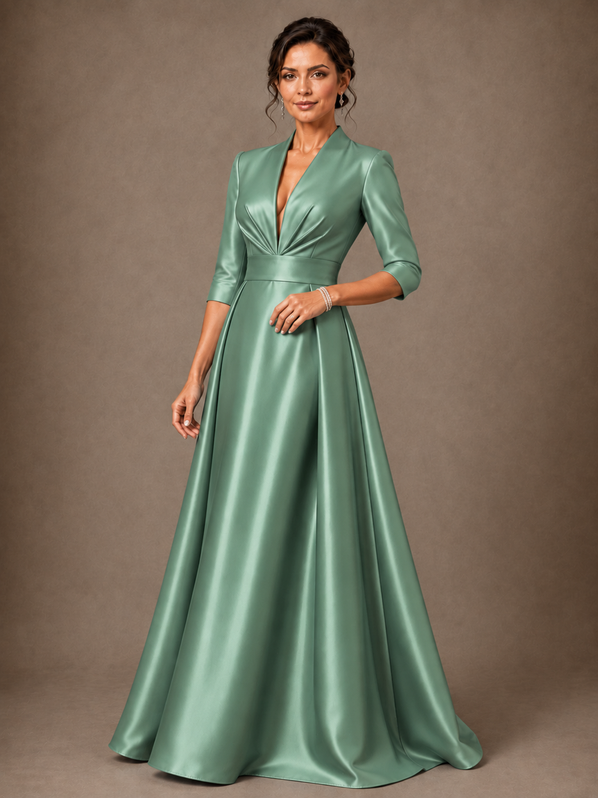 V-Neck Pleated Satin Mother of the Bride Gown with 3/4 Sleeves