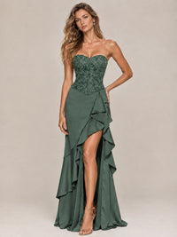 Strapless Lace Appliques Corset Satin Prom Dress Ruffle Slit Evening Gown