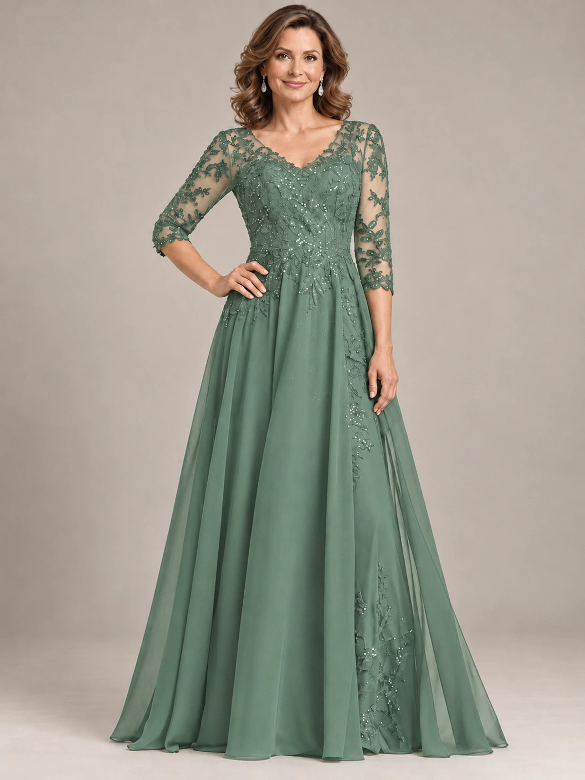 Sequin Lace A-Line Mother of the Bride Dress with 3/4 Sleeves