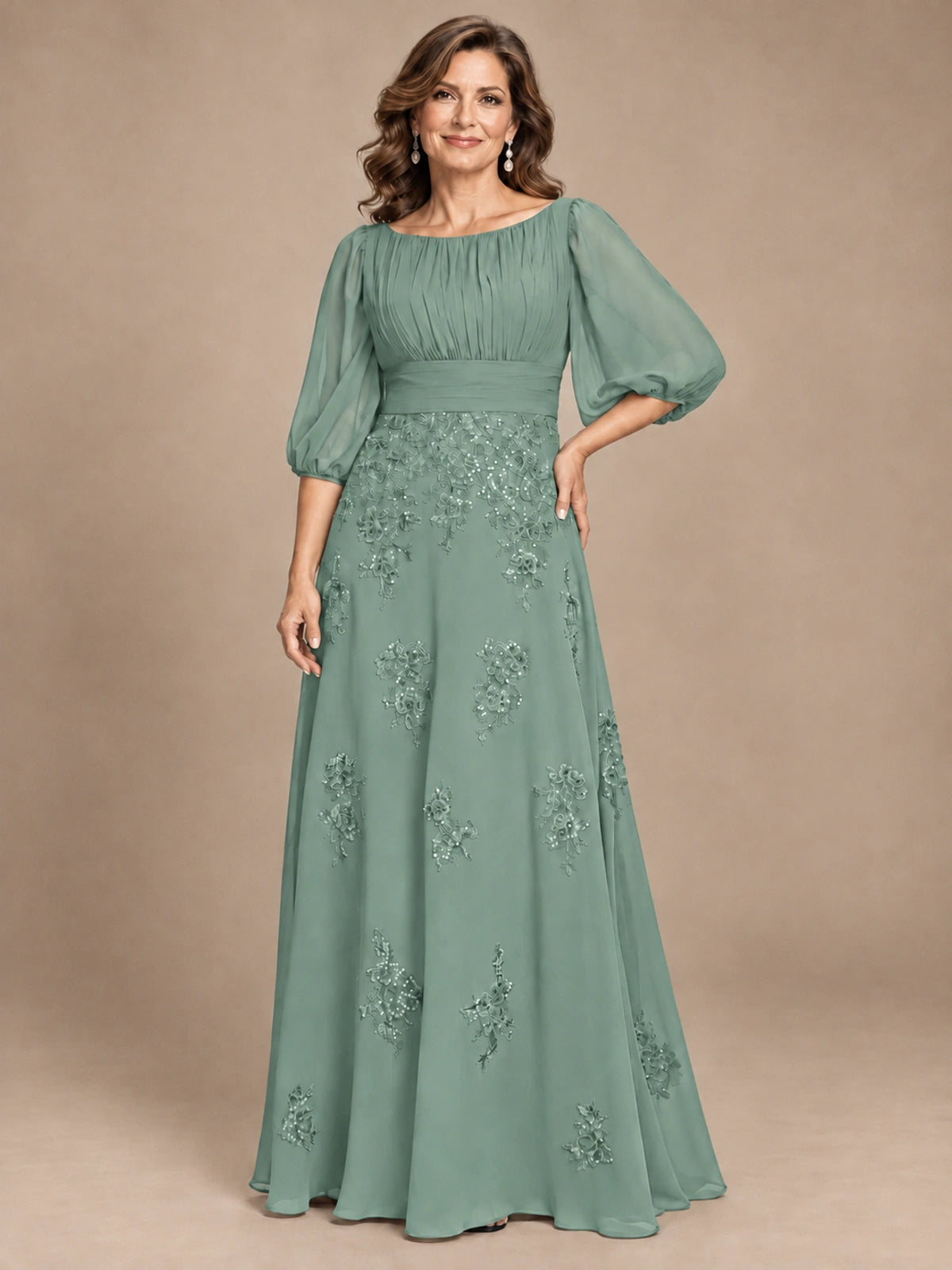 A-Line Mother of the Bride Dress with Sheer Puff Sleeves