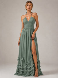Halter V Neck Chiffon Formal Dress with Lace-Up Back and Ruffle Hem