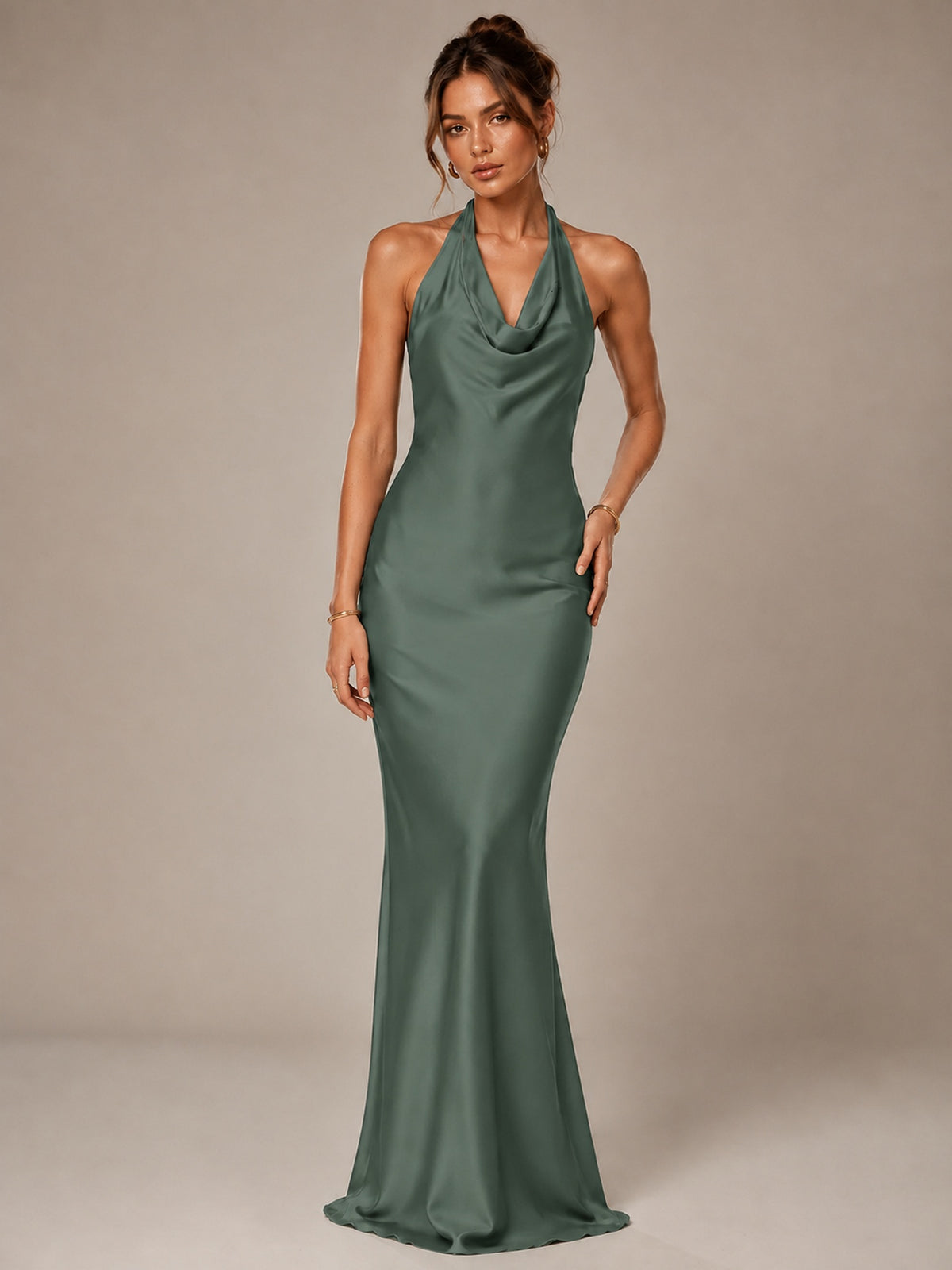 Olive Green Halter Satin Mermaid Maxi Dress