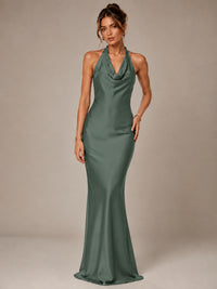 Olive Green Halter Satin Mermaid Maxi Dress