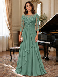 A-Line Chiffon Mother of the Bride Dress with Floral Applique 3/4 Sleeves