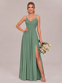 Eucalyptus Spaghetti Straps Pleated Chiffon Bridesmaid Dress with Slit V-Neck A-line Long Formal Evening Wedding Guest Gown
