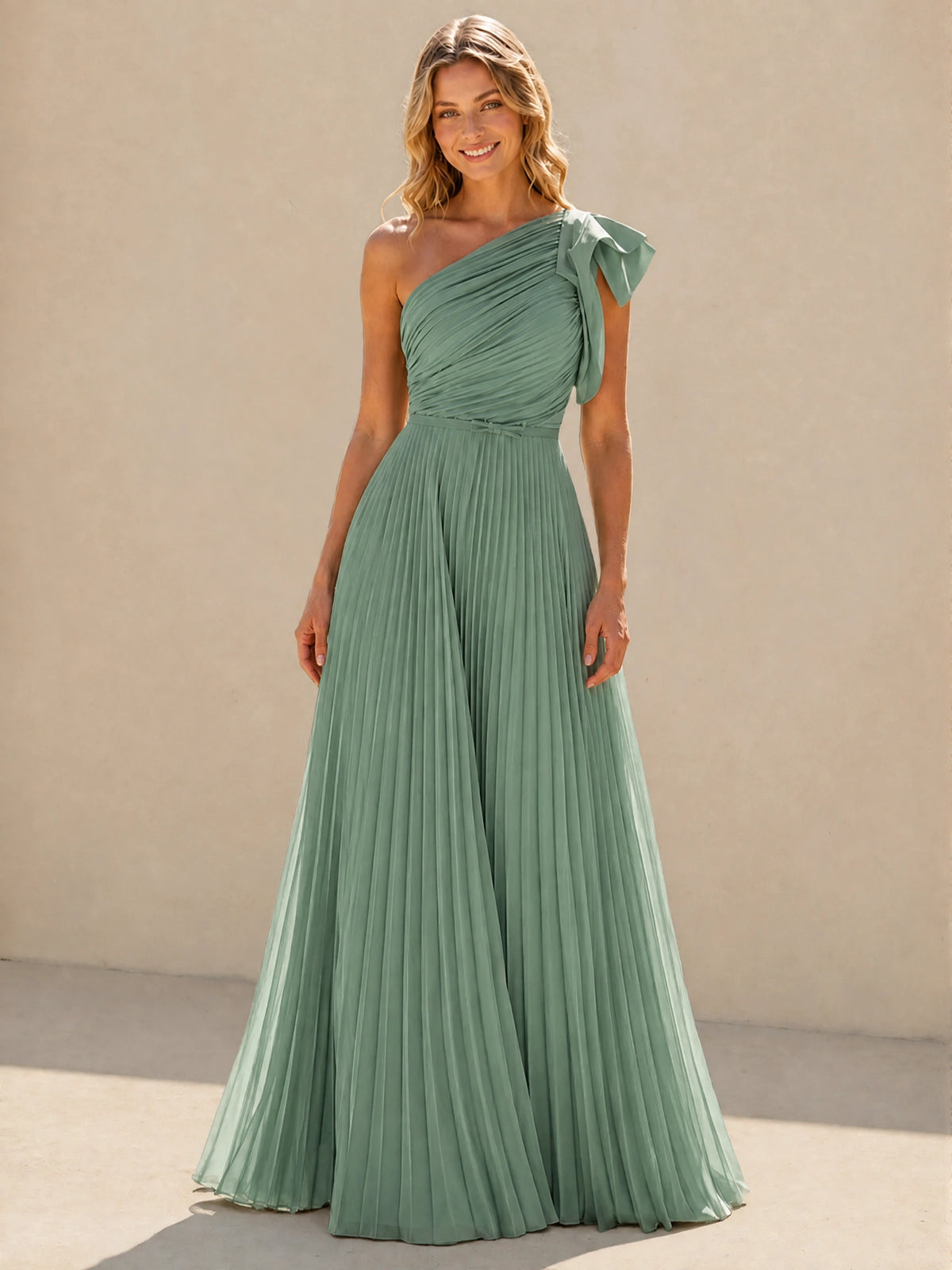 One Shoulder Pleated Chiffon A-Line Floor-Length Bridesmaid Dress