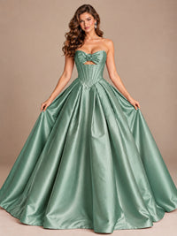 Pink Strapless Corset Satin Prom Derss & Ball Gown with 3D Floral