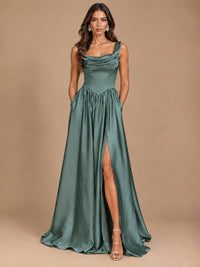 Cowl Neck Pleated Satin Prom Dress with Pockets & Slit Maxi Formal Gowns