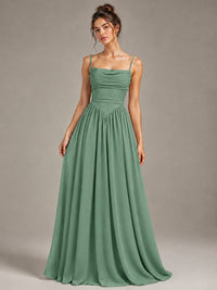 Spaghetti Strap Ruched Chiffon Maxi Dress with Backless