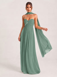 Eucalyptus Strapless Ruched Chiffon Long Prom Dress with Scarf A-line Sweetheart Ruffled Formal Wedding Guest Dress Evening Gown