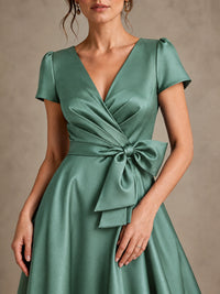 V-Neck Tea-Length Satin Mother of the Bride Dress with Bow