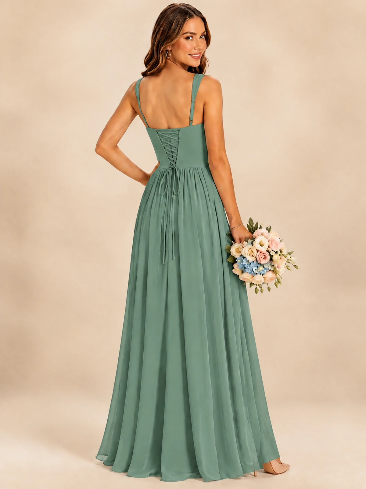 Spaghetti Straps Pleated Chiffon Bridesmaid Dress with Ruffle Slit
