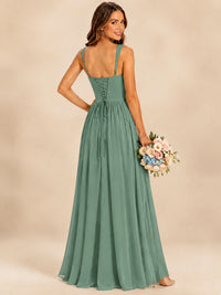 Spaghetti Straps Pleated Chiffon Bridesmaid Dress with Ruffle Slit