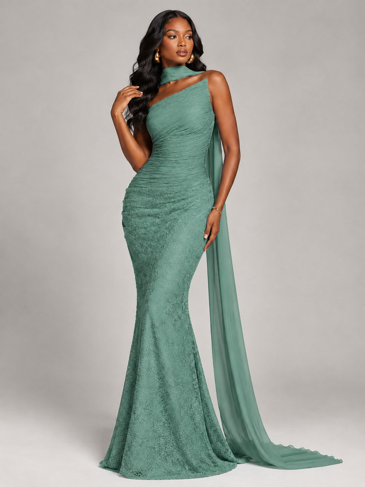 Pleated Chiffon Lace Prom Dresses Long Bodycon Mermaid with Scarf