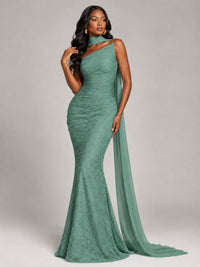 Pleated Chiffon Lace Prom Dresses Long Bodycon Mermaid with Scarf