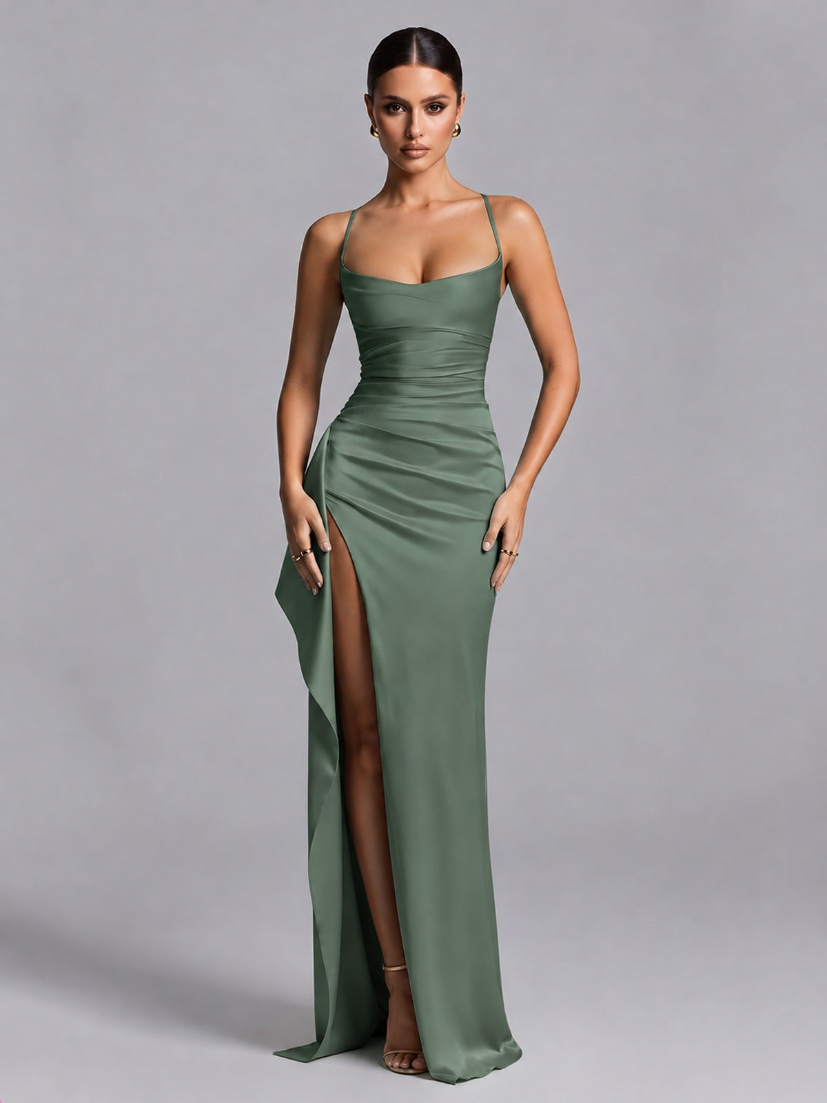 Eucalyptus Squre Neck Pleated Satin Prom Dresses for Teens Women Long Evening Formal Gown with Slit Ruffles