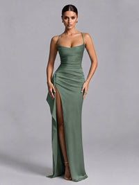 Eucalyptus Squre Neck Pleated Satin Prom Dresses for Teens Women Long Evening Formal Gown with Slit Ruffles