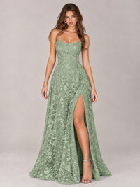 Floral Lace A-Line Prom Dress with Spaghetti Straps & High Slit