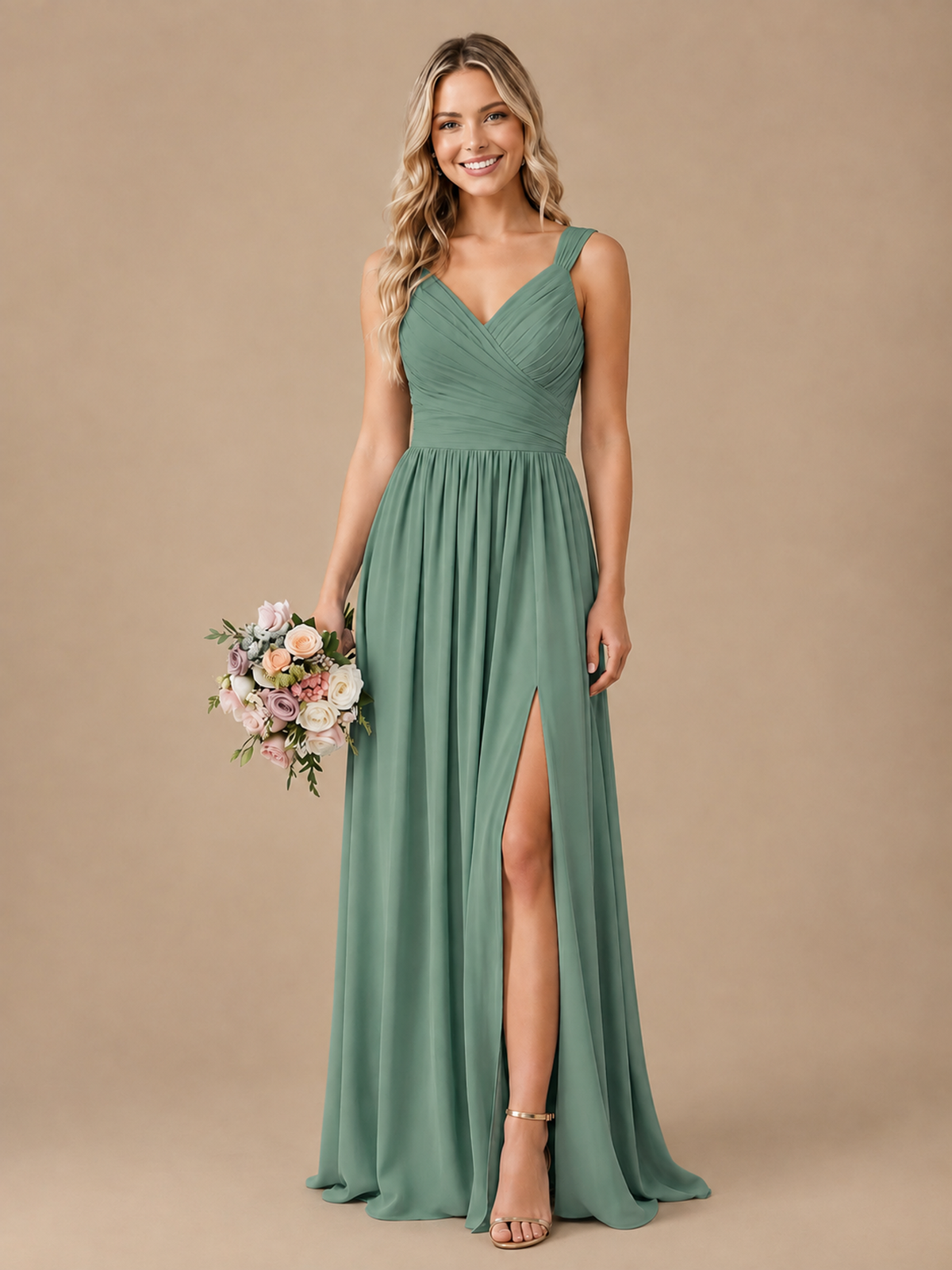 Pleated Chiffon V Neck Wedding Bridesmaid Dresses Floor Length with Slit