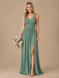 Pleated Chiffon V Neck Wedding Bridesmaid Dresses Floor Length with Slit