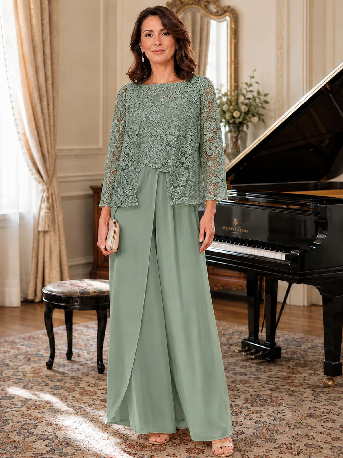 Elegant 3-Piece Chiffon Mother of the Bride Pantsuit with Floral Applique Jacket