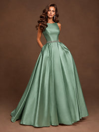 Satin A-Line Prom Dress Sleeveless Beaded Waist Formal Gown with Pockets