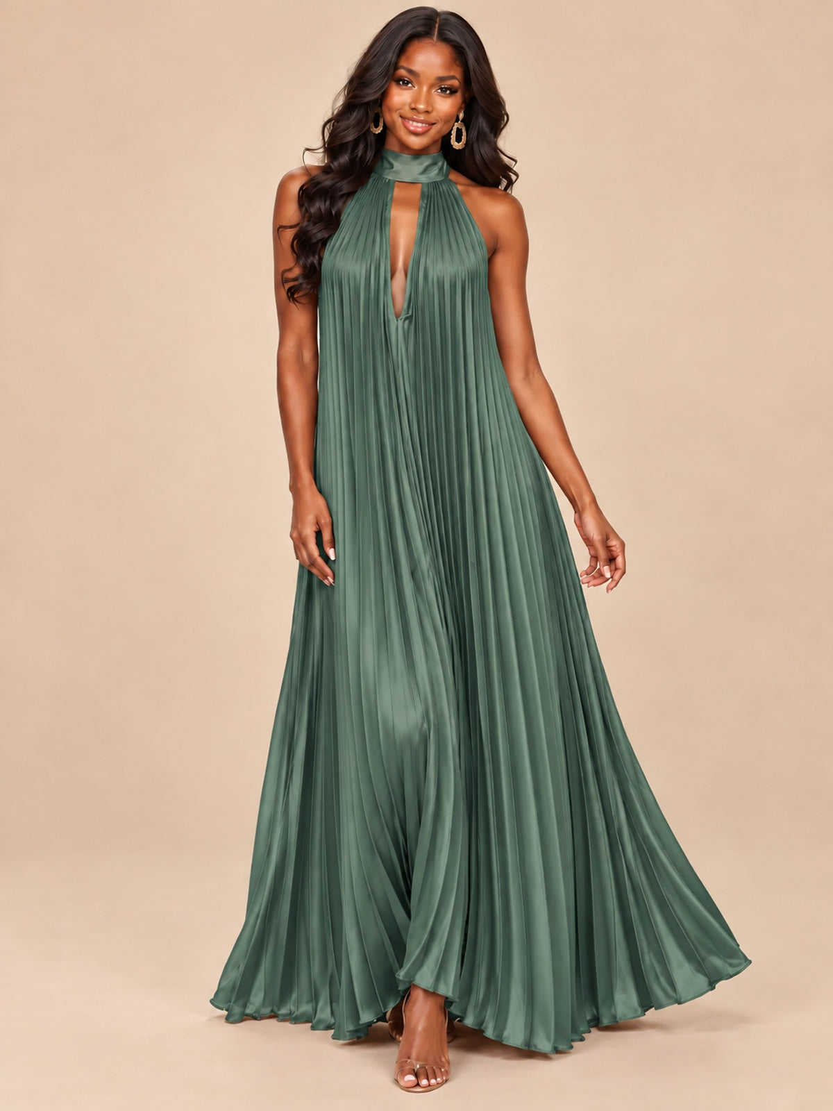 Rust Orange Pleated Halter Neck Maxi Dress
