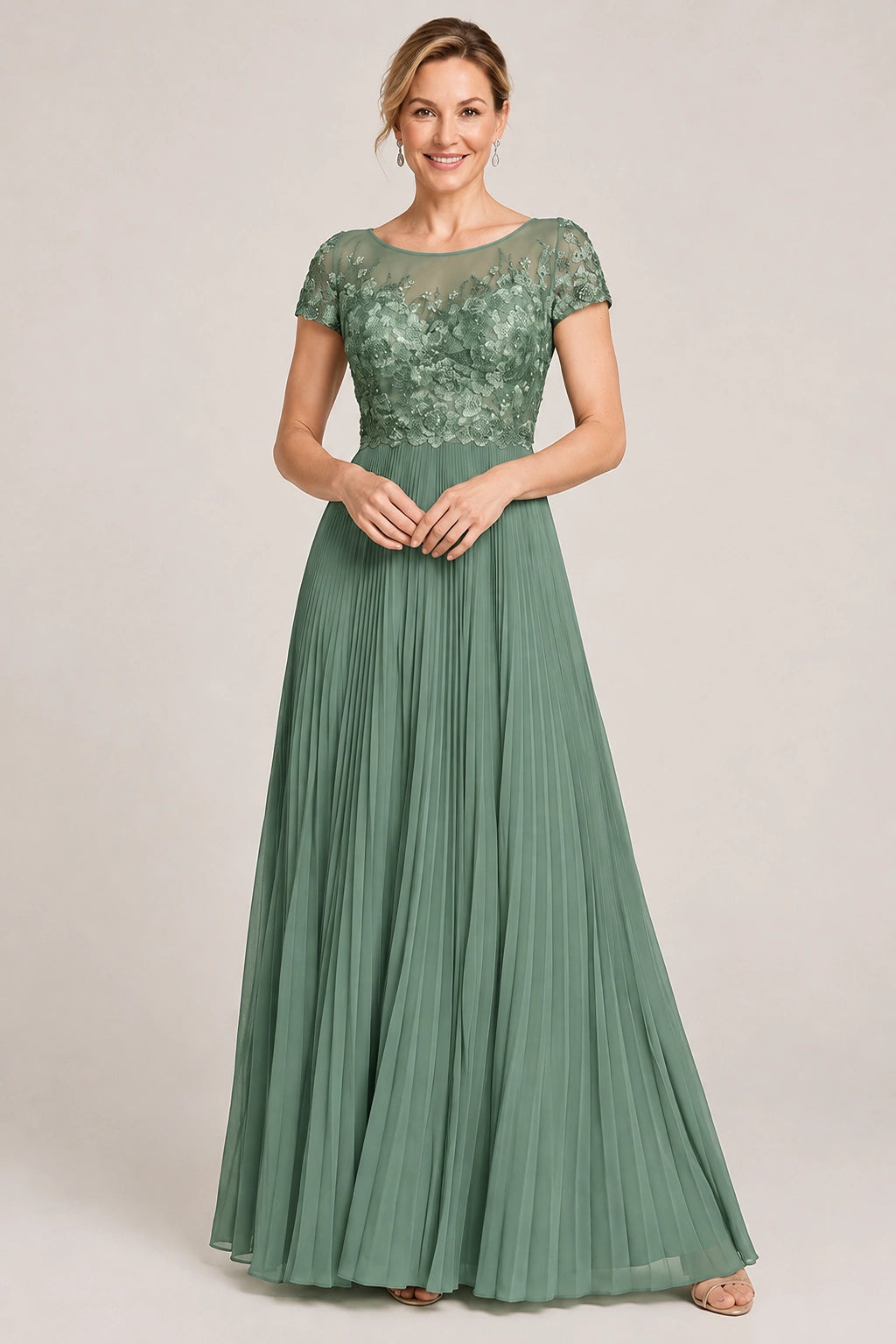 Embroidered Lace Pleated Mother of the Bride Dress