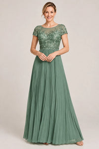Embroidered Lace Pleated Mother of the Bride Dress