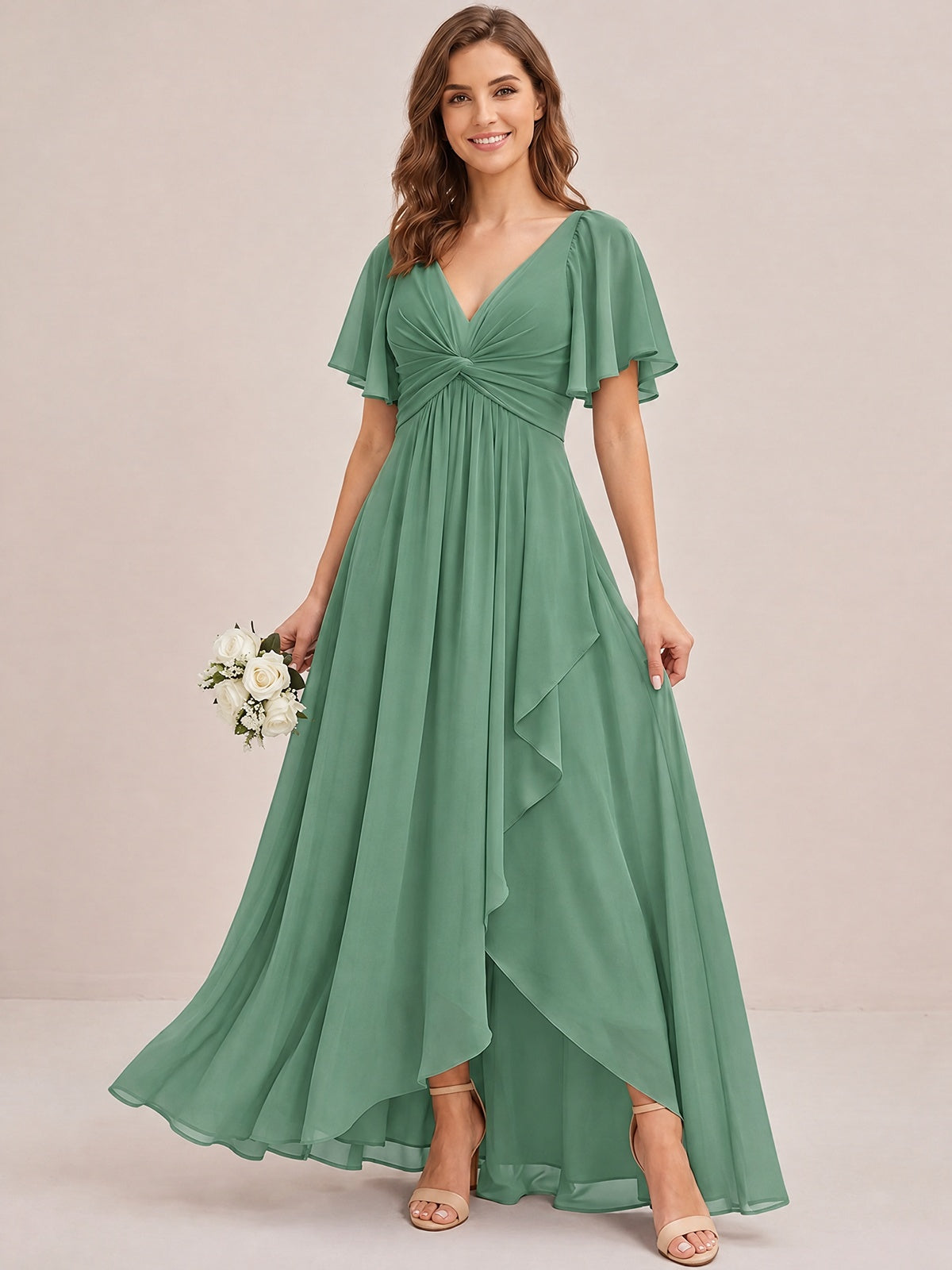 Dusty Blue Chiffon Bridesmaid Dress with Flutter Sleeves & High-Low Hem
