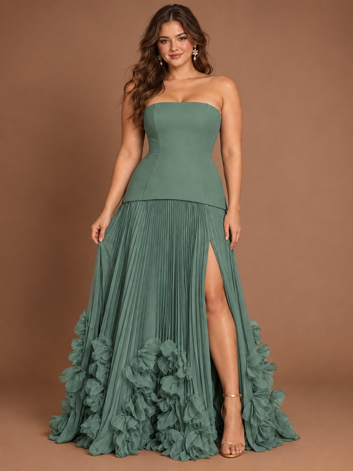 Strapless Pleated Floral Satin Formal Dress with Side Slit