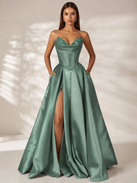 Eucalyptus Strapless Corset Satin Prom Dress Long Evening Gown with High Slit