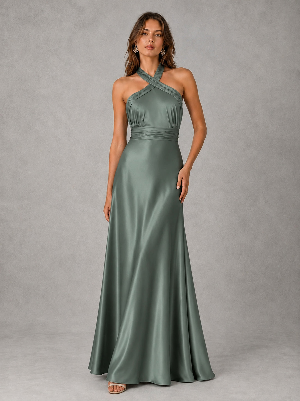Sage Green Satin A-Line Bridesmaid Dress with Halter Neck