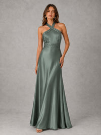 Sage Green Satin A-Line Bridesmaid Dress with Halter Neck