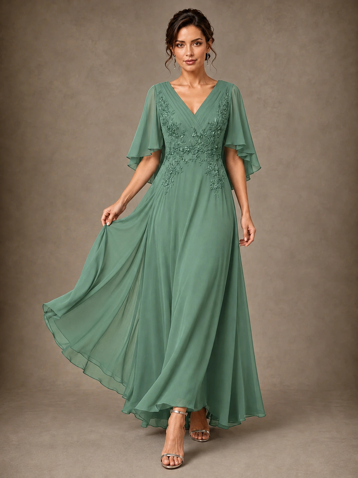 V-Neck Chiffon Lace Mother of the Bride Dress with Flutter Sleeves