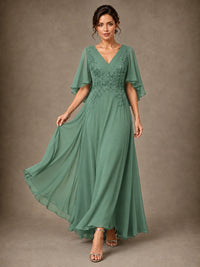 V-Neck Chiffon Lace Mother of the Bride Dress with Flutter Sleeves
