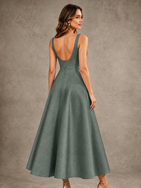 Tea-Length Satin Mother of the Bride Dress with 3D Flower Detail