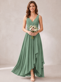 V-Neck High-Low Chiffon Bridesmaid Dress with Ruffles