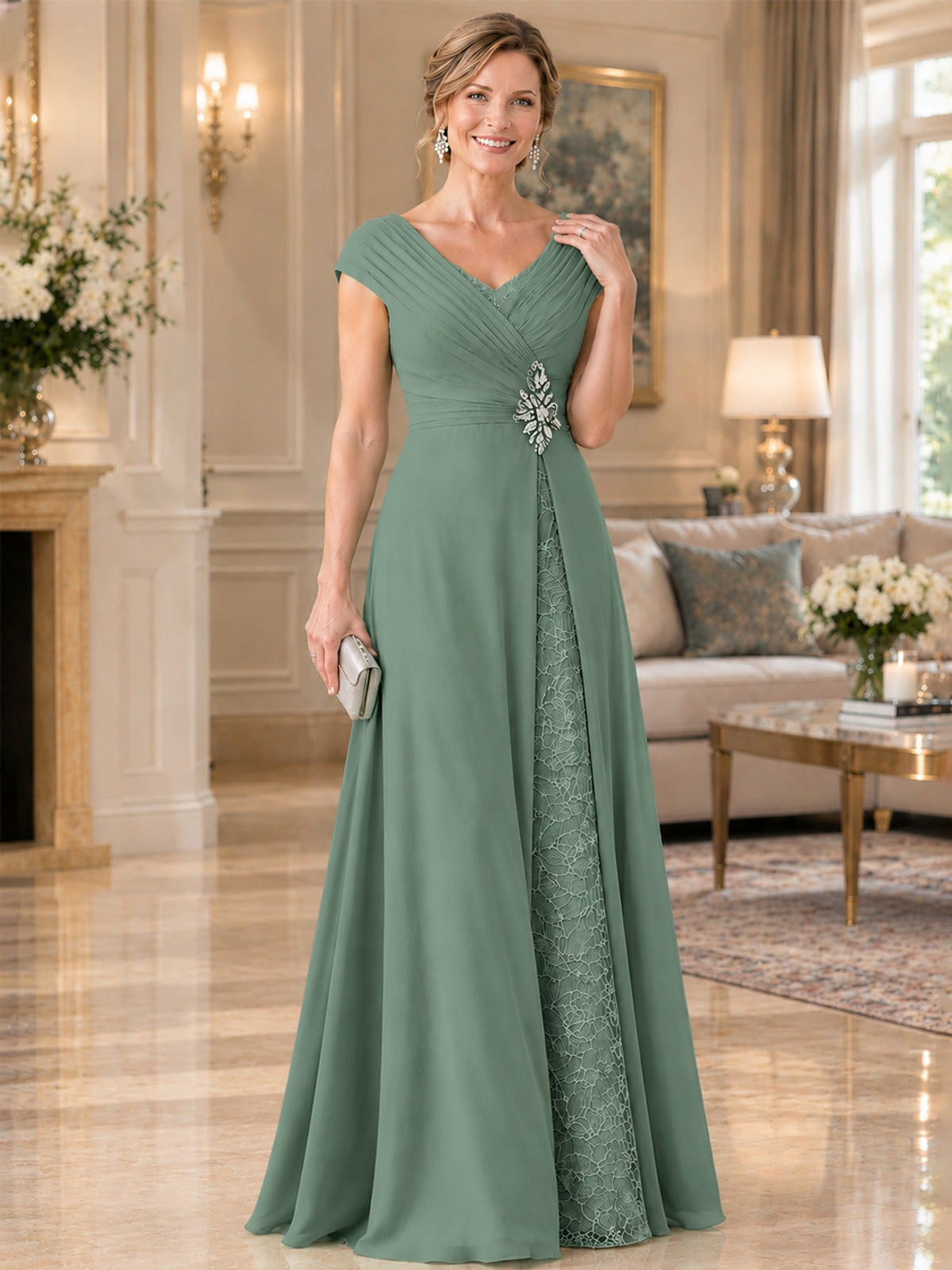 Pleated Chiffon Lace Mother of The Bride Dresses with Beading Cap Sleeves