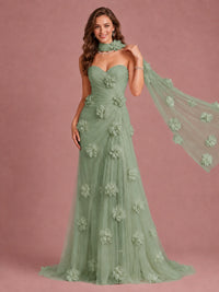 Blush Pink Strapless Sweetheart 3D Floral Tulle Mermaid Prom Dress