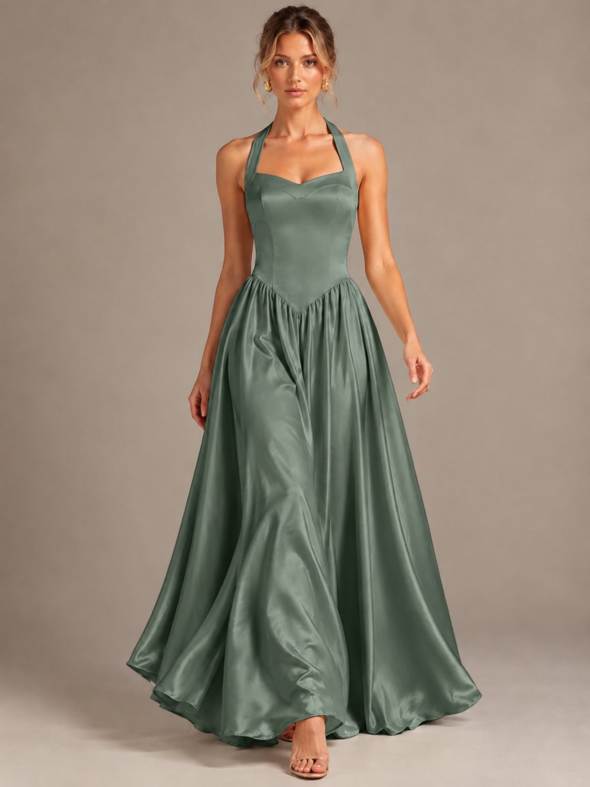 Light Yellow Halter Neck Satin A-Line Maxi Dress with Pockets
