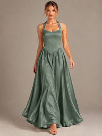 Light Yellow Halter Neck Satin A-Line Maxi Dress with Pockets