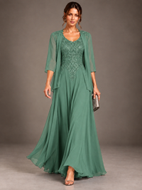 A-line 2 Pieces Chiffon Appliques Mother of The Bride Dresses with Jackets