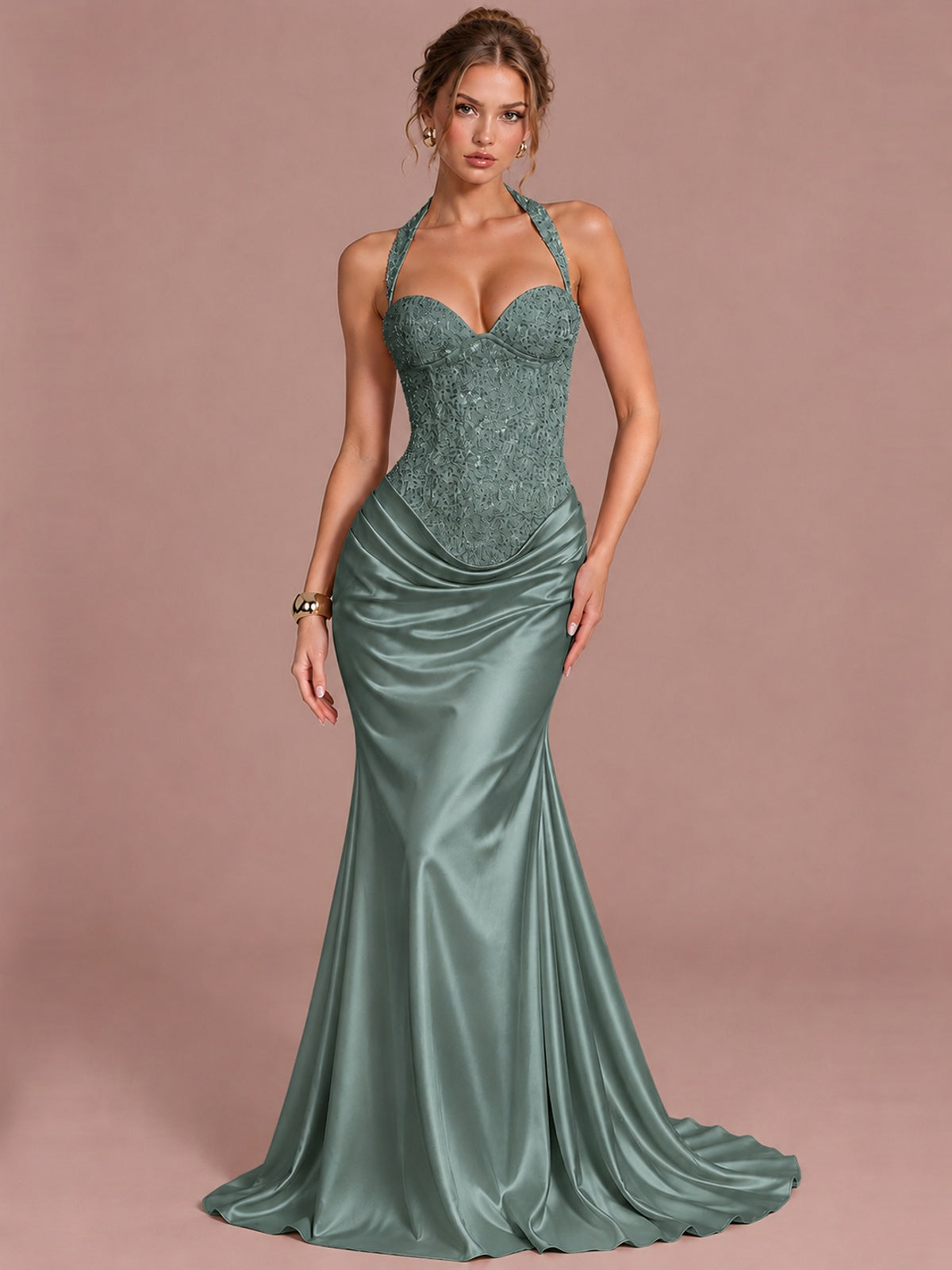 Eucalyptus Sparkling Halter Corset Satin Mermaid Prom Dress Long Ruched Sequin Formal Gown Evening Party Dress