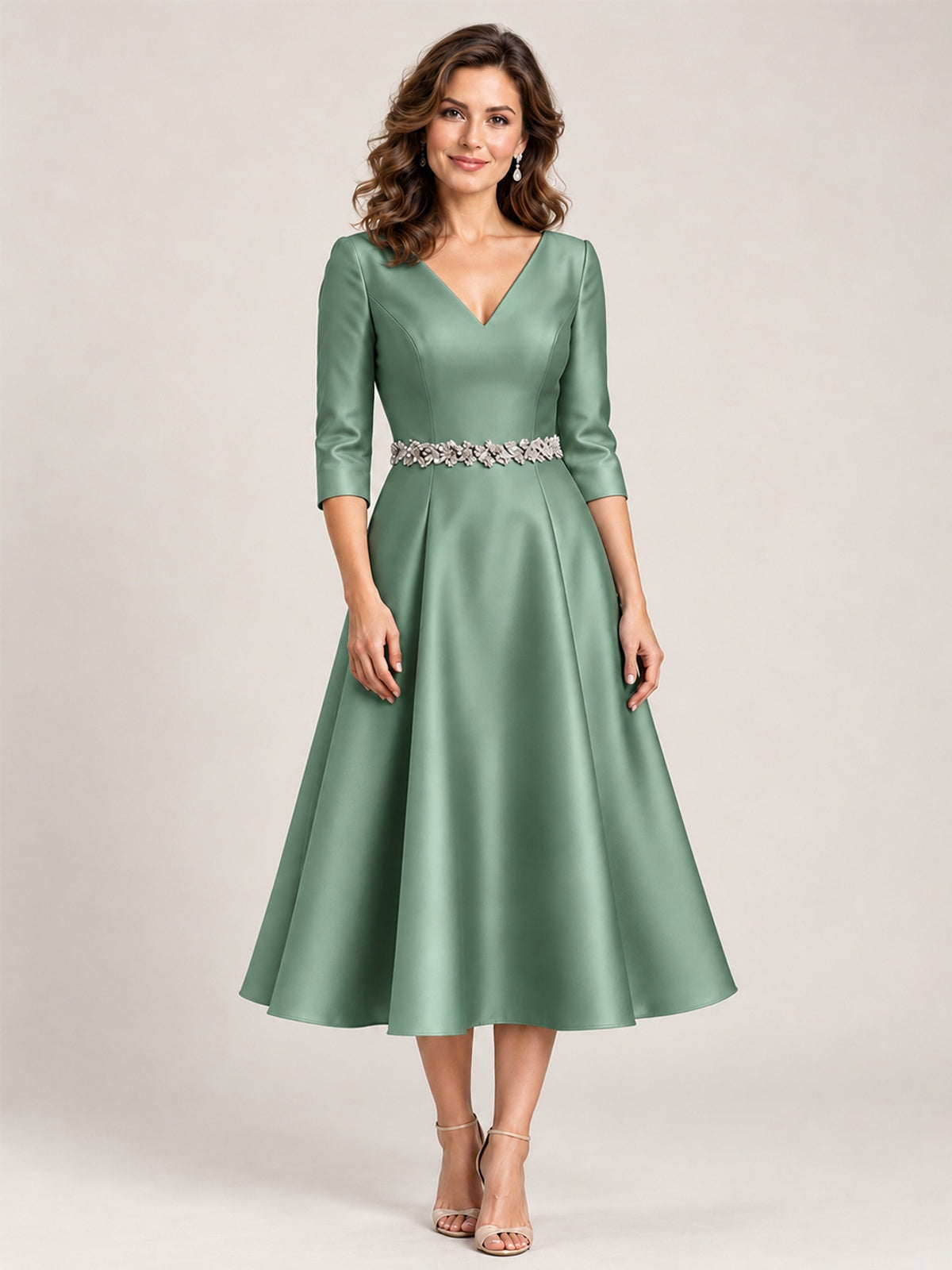 Eucalyptus V-Neck Tea-Length Mother of the Bride Dress with Embellished Waist