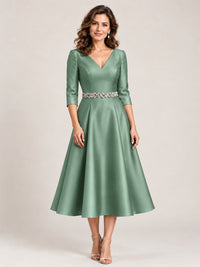 Eucalyptus V-Neck Tea-Length Mother of the Bride Dress with Embellished Waist